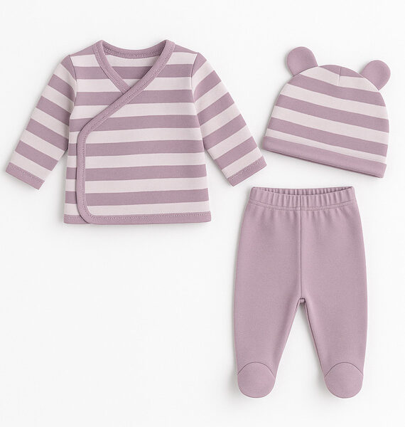 Conjunto 3 Piezas Rayas con Polaina Primera Puesta 100 % Algodón