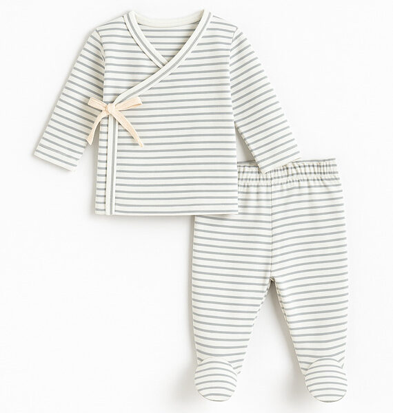 Conjunto para Bebé de 2 Piezas | Camiseta Kimono y Polaina con Pies en Rayas Beige y Gris