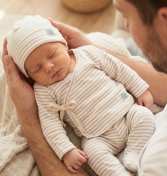 Conjunto de Ropa para Bebé 3 Piezas | Gorro, Camiseta Kimono y Polaina con Pies a Rayas Beige y Arena Unisex