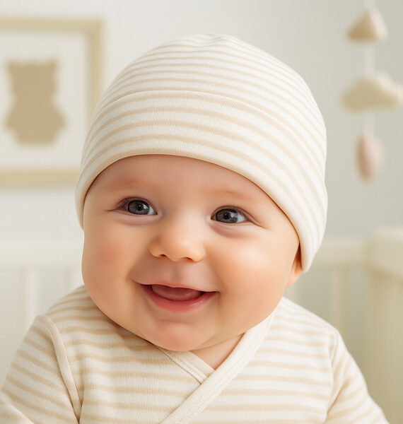 Gorro para Bebé de Algodón Orgánico en Rayas Beige y Arena
