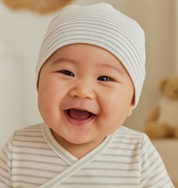 Gorro para Bebé de Algodón Orgánico en Rayas Beige y Gris
