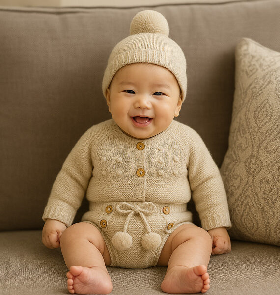 Conjunto de punto bobo arena para bebé con ranita, chaqueta con bodoques y gorro con borla