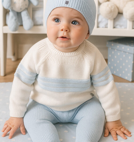 Conjunto bebé punto crudo y celeste  100 % Algodón  con o sin gorro