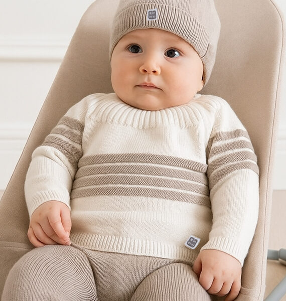 Conjunto de bebé en punto gris y crudo 100 % Algodón con o sin gorro