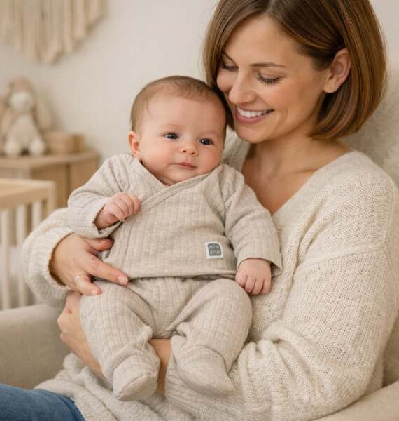 Conjunto recién nacido cruzado canalé beige, Jubón + polaina con pie