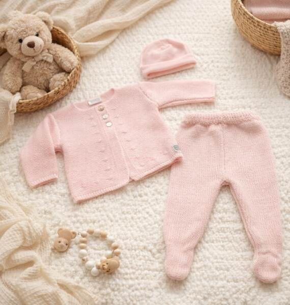Conjunto de Punto de Tres Piezas Rosa (Invierno)