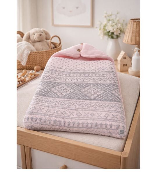 Saco arrullo de punto jacquard para recién nacido – Rosa empolvado y gris
