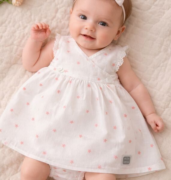 Vestido bebé blanco estrellas rosa con cubrepañal 100% algodón
