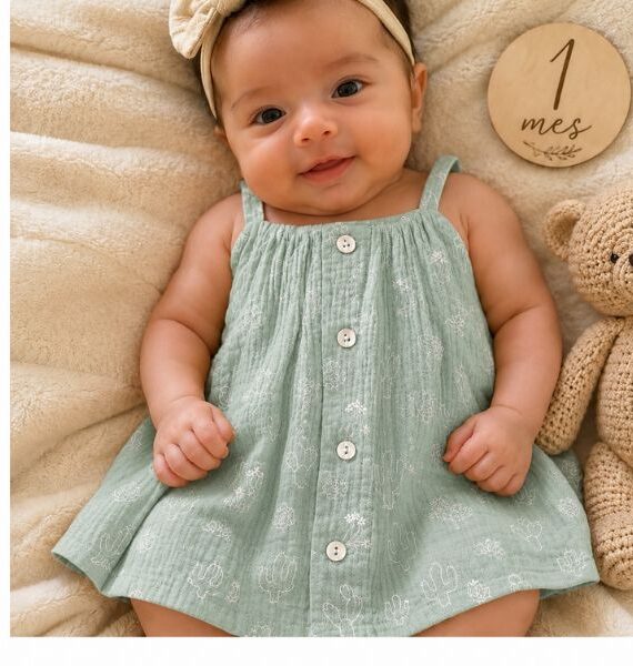 Vestido de Muselina 100 % algodon Estampado Cactus Mint  para Bebé talla 0-1mes