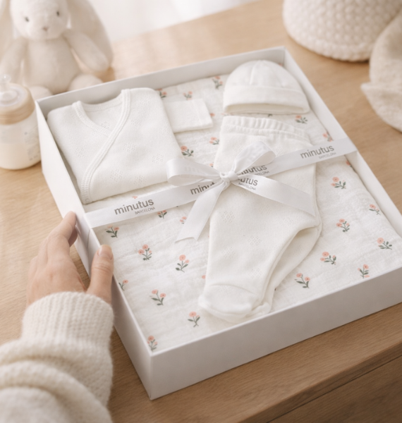 Pack regalo bebé algodón orgánico – Conjunto primera puesta + arrullo floral ( 4 piezas)