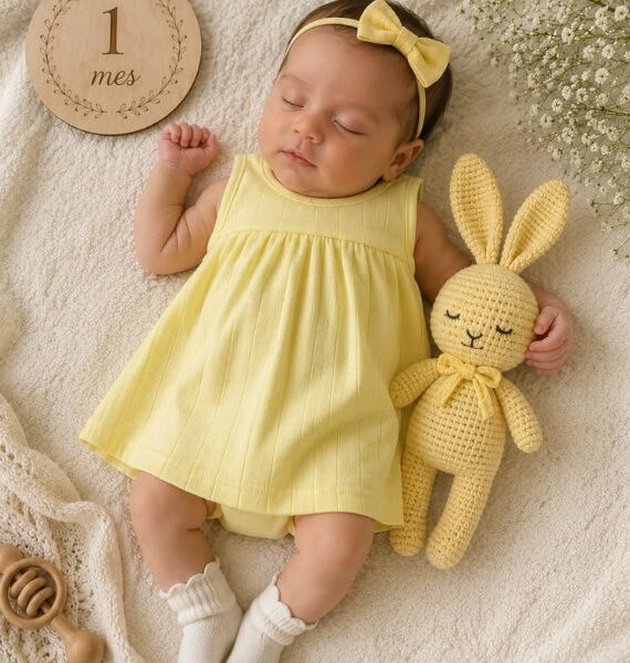 Vestido Bebé Punto Calado Amarillo PRIMERA PUESTA
