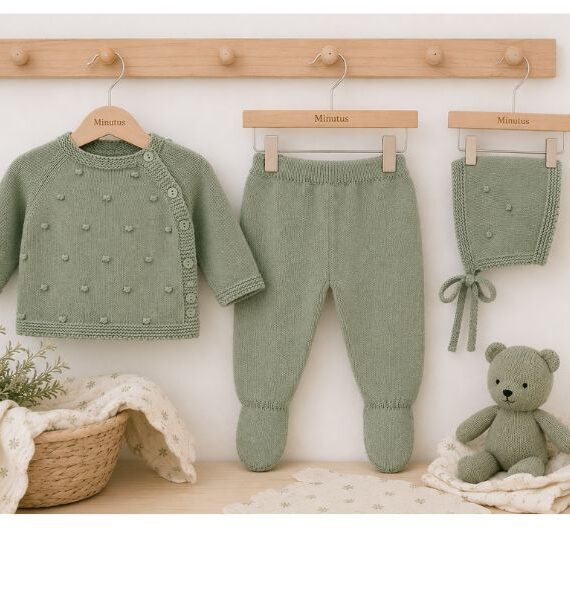 Conjunto de Tricot para Bebé 3 Piezas – Jersey, Polaina con Pie y Capota