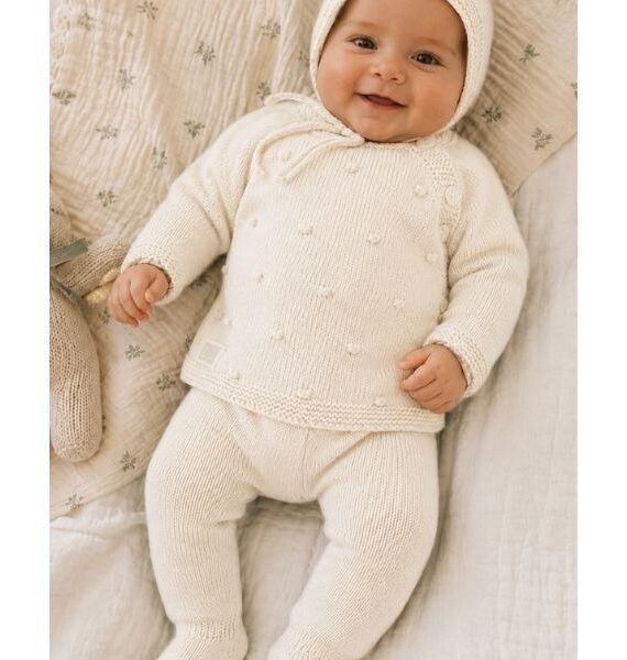 Conjunto de Tricot para Bebé 3 Piezas – Jersey, Polaina con Pie y Capota
